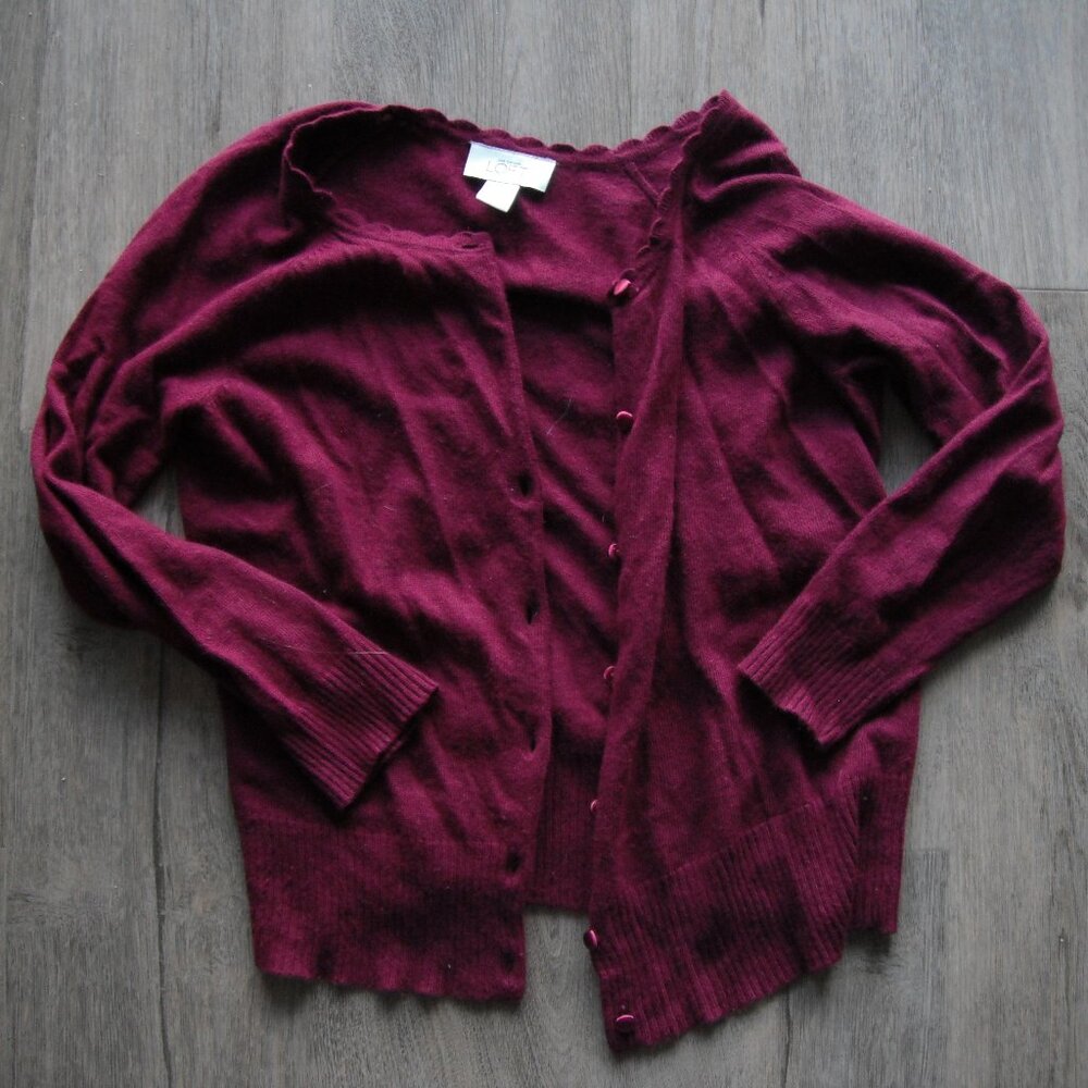 LOFT Cherry Red Wine Women's Small Cardigan Scallop Neck